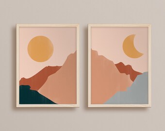 2 Piece Wall Art, Abstract Sun and Moon Art, Mid Century Modern Abstract Mountain Wall Art for Living Room Decor