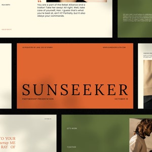 Pode incluir: Um slide de apresentação para uma empresa chamada Sunseeker. O slide é laranja e apresenta o texto "Sunseeker" em preto, com as palavras "Partnership Presentation" e "October 18" abaixo.