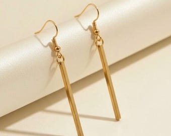 Gold Tone Bar Earrings, Minimalist Copper Dangle Earrings