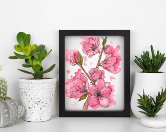 Fine Art Giclee Print Cherry Blossoms Watercolor and Ink, Botanical Print Wall Art, Gifts, Art Print Wall Decor, Pink Floral Illustration