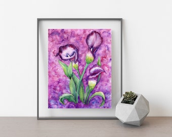 Abstract Watercolor Purple Calla Lilies, Painting, Wall Art, Purple Floral Art, Home Decor, Fine Art Giclee Print, Pink Wall Art, Flower Art