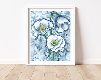 Abstract Watercolor White Poppies, From Original Watercolor Painting, Blue Wall Art, Floral Art, Flower Home Decor, Peaceful Painting,