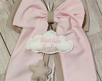 Beige, light blue, pink polka dot birth bow with cloud, heart, and stars for a baby boy or girl with personalized embroidery