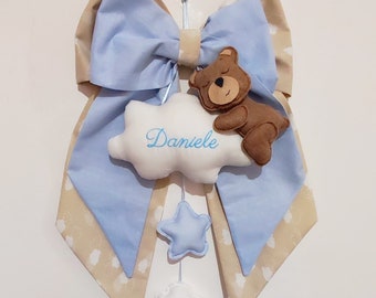 Noeud de naissance avec ours nuage étoile avec prénom personnalisé bleu clair beige rose