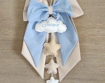 Fiocco nascita neutro panna beige con nuvola e stelle per bimbo bimba con ricamo personalizzato