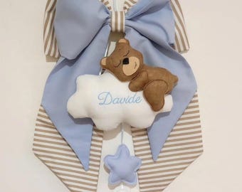 Fiocco nascita con orsetto nuvola stella con nome personalizzato beige azzurro beige rosa