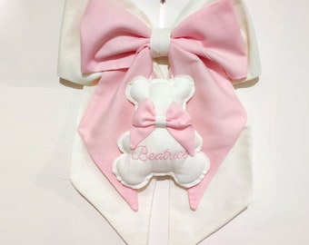 Cream pink, cream blue, cream beige birth bow with embroidered teddy bear with personalized name