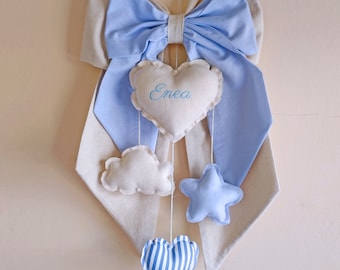 Fiocco nascita panna rosa panna azzurro verde blu beige con cuore ricamato cuore nuvola stella pendenti nome personalizzato