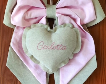 Beige, pink, beige, light blue, beige, cream birth bow with a cloud heart and embroidered name for a baby girl or boy