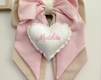 Fiocco nascita beige rosa beige azzurro beige panna con cuore bianco con nome ricamato personalizzato per bimba o bimbo