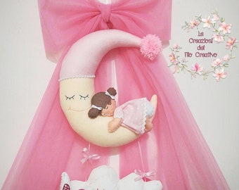 Noeud de naissance en tulle lune avec papillon fleurs poupée endormie pour bébé fille avec prénom personnalisé