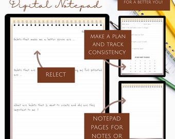 May include: A digital notepad with lined pages for journaling and habit tracking. The notepad has a brown background with the text "Habit Reset Digital Notepad" at the top. The notepad includes a section for making a plan and tracking consistency, as well as a 30-day habit tracker.