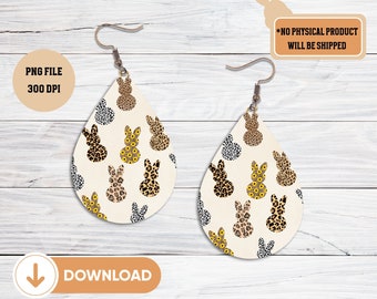 Boucles d'oreilles en forme de larme à imprimé léopard Lapin de Pâques PNG Boucles d'oreilles à sublimation Modèles en forme de larme Boucles d'oreilles imprimables à imprimé léopard de Pâques PNG
