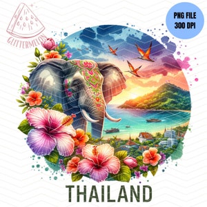 Thailand Tshirt Sublimation Design PNG Tai Elephant Hibiscus PNG Thai Gift Thailand Trip 2024 Thai Art Phuket Summer Vacation Shirt