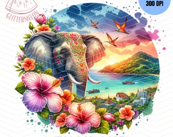 Diseño de sublimación tailandés: Elefante, flores de hibisco (PNG) Descarga digital