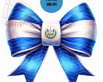 May include: A blue and white bow with the El Salvador flag in the center. The flag features a coat of arms with a triangle, a volcano, and a sun.