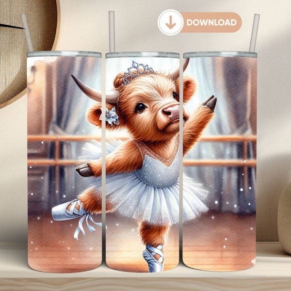 Highland Cow Ballerina Sublimation Tumbler Wrap 20 Oz Straight Skinny Dancer Tumbler Cow In Ballet Dress Ballet Shoes And Tiara PNG