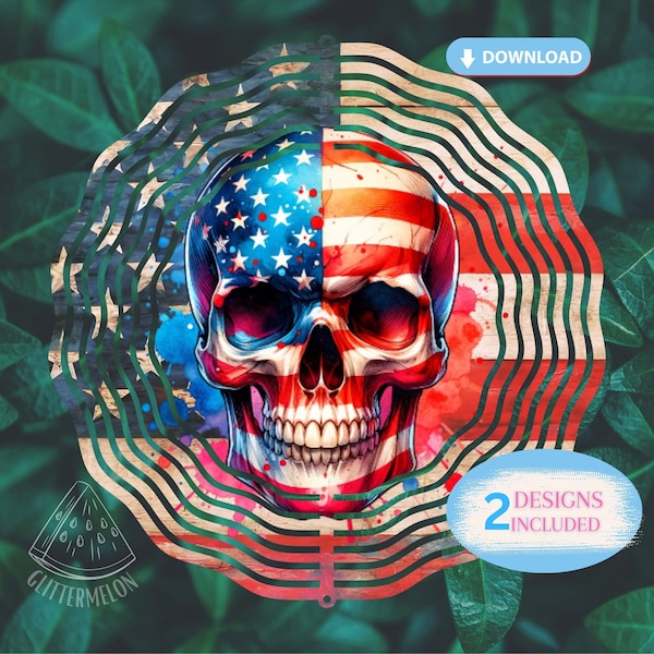 Patriotic Skull Wind Spinner Sublimation Design PNG 4th of July Garden Skull Wind Spinner PNG Digital Download USA Skull American Flag