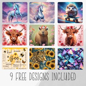 May include: Nine colourful digital designs featuring a unicorn, a hedgehog on a skateboard, a capybara, a highland cow, a bee with honeycomb, a leopard, and a crystal pattern. The designs are labelled with positive words like "kind", "genuine", "unique", "fierce", and "empowered".
