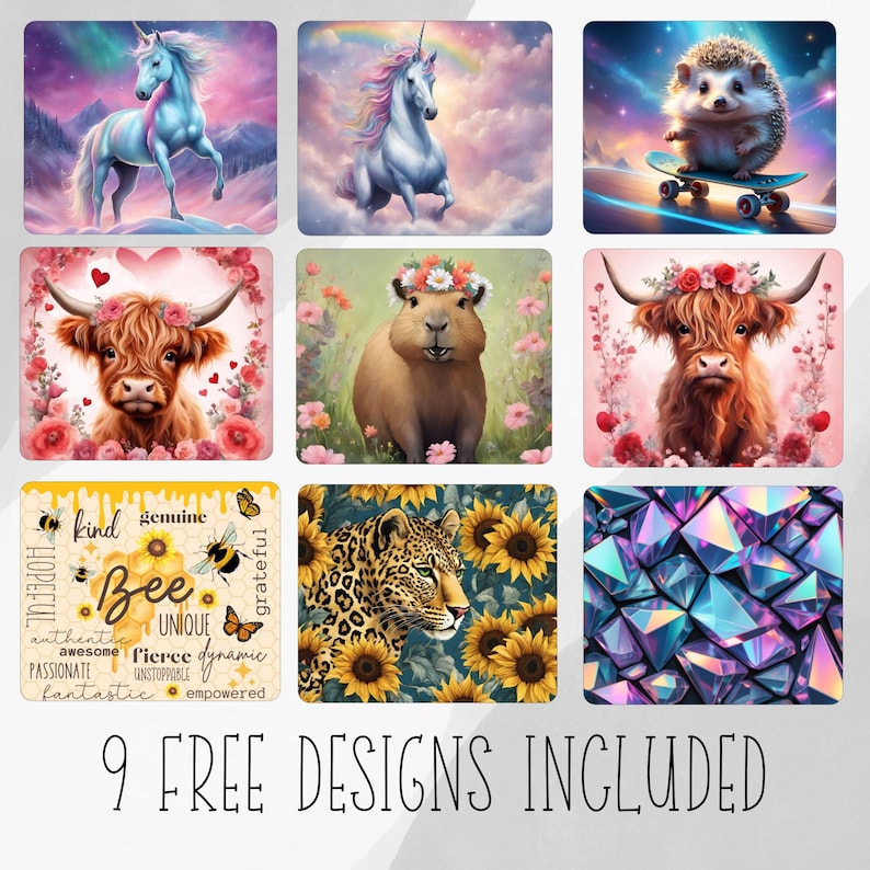 May include: Nine colourful digital designs featuring a unicorn, a hedgehog on a skateboard, a capybara, a highland cow, a bee with honeycomb, a leopard, and a crystal pattern. The designs are labelled with positive words like "kind", "genuine", "unique", "fierce", and "empowered".