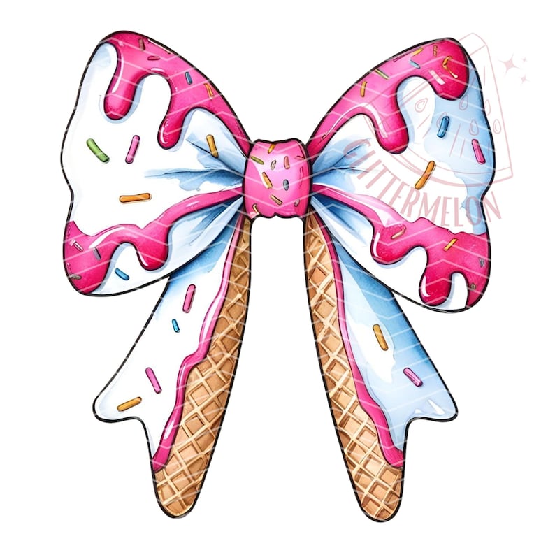 K&ouml;nnte beinhalten: Eine rosa und wei&szlig;e Schleife mit einem Waffelkegel-Design und rosa Zuckerguss mit Streuseln.