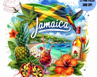May include: A watercolor illustration of a tropical scene with a Jamaican flag, a pineapple, a hibiscus flower, a bottle of rum, a cocktail, and a hummingbird. The text "Jamaica" is written in a stylized font.