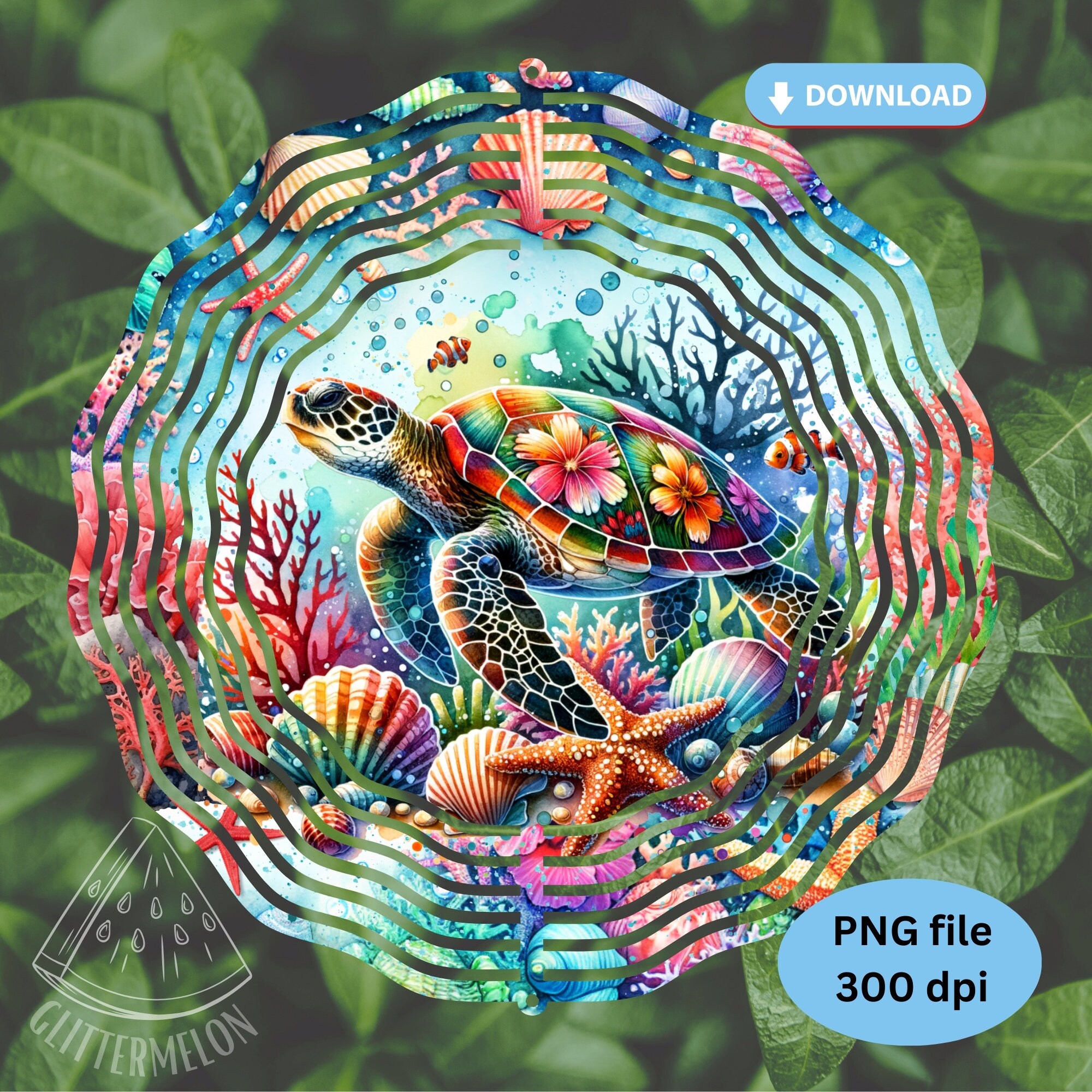 Turtle Wind Spinner Sublimation Design, Hawaiian Floral PNG (digital ...
