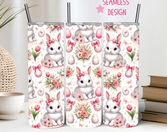 Easter Bunny Coquette Tumbler PNG Cute Bunny PNG 20 Oz Straight Skinny Happy Easter Eggs Tumbler Wrap Sublimation Pink Floral Bow Bunny PNG