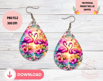 Flamingo Sublimation Earrings PNG Teardrop Template Printable Tropical Earrings Summer Hibiscus Earrings Summer Sublimation Summer Vibes
