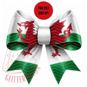 May include: A decorative bow featuring the Welsh flag design. The bow is white with a green stripe and a red dragon emblem. A red circle with the text "PNG FILE 300 DPI" is in the center.
