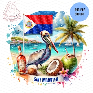 May include: A watercolor illustration of a pelican standing on a beach with a coconut, a bottle of rum, and a palm tree. The flag of Sint Maarten is flying in the background. The text "Sint Maarten" is written on a white ribbon.