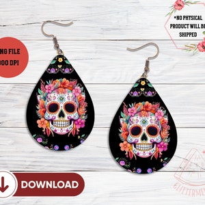 Boucles d'oreilles Sugar Skull PNG Sublimation Boucles d'oreilles Cinco De Mayo Modèle en forme de larme Boucles d'oreilles Fiesta Boucles d'oreilles florales mexicaines Bijoux de tête de mort PNG