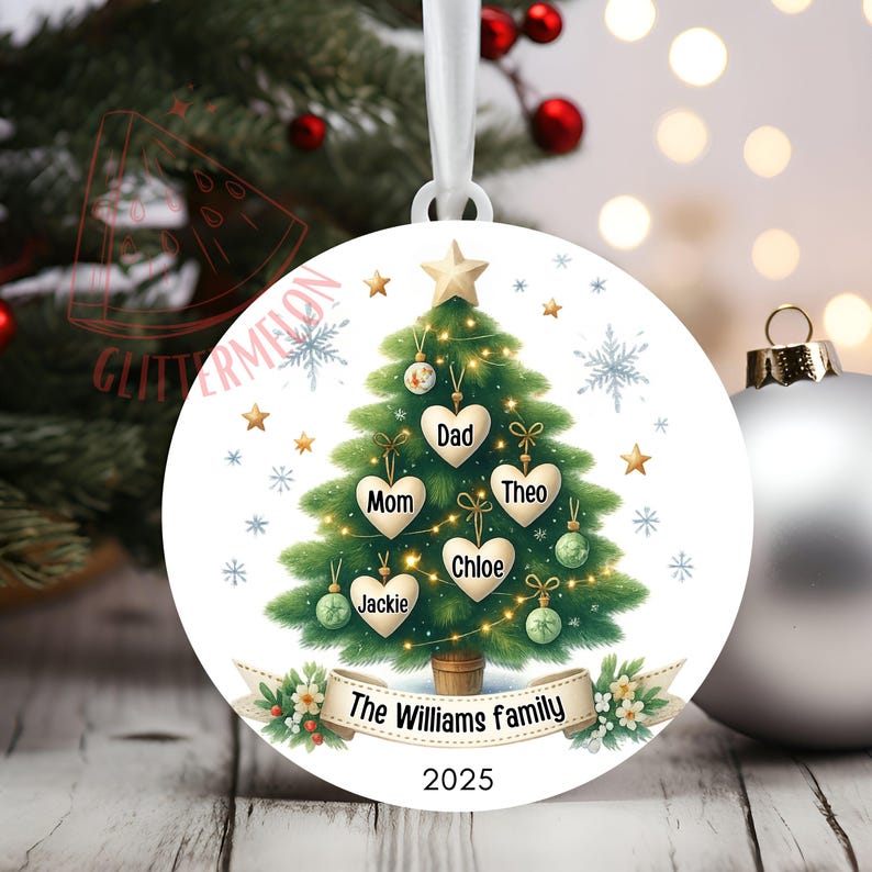 May include: A white, round Christmas ornament featuring a green Christmas tree design with heart-shaped name tags. The names "Mom", "Dad", "Theo", "Chloe", and "Jackie" are displayed. The ornament also includes the text "The Williams family" and the year "2025".