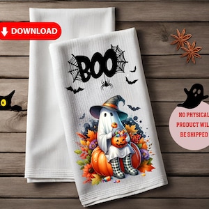 Ręcznik kuchenny na Halloween PNG Uroczy duch Ściereczka kuchenna Sublimacja Cukierek albo psikus Upiorny Boo Ręcznik kuchenny PNG Prezent dla miłośnika gotowania Plik cyfrowy