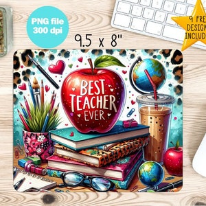 May include: A colorful mousepad with a red apple that says "Best Teacher Ever" on it. The apple is surrounded by books, pencils, a globe, and a cup of coffee. The background is a leopard print.