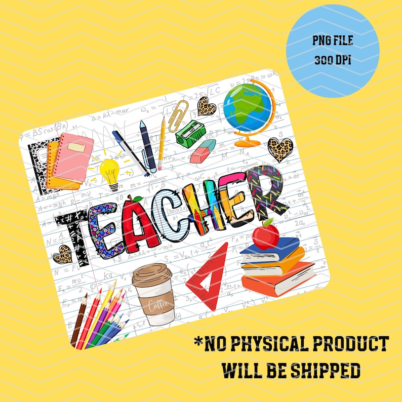 May include: Colorful graphic design with the word "TEACHER" in large letters on a white background with a notebook paper pattern. The design includes various school supplies such as pencils, a globe, a ruler, an apple, and a coffee cup.