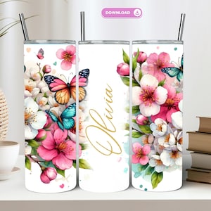 Add Your Name Tumbler PNG 20 Oz Straight Skinny Tumbler Add Text Floral PNG Tumbler Wrap Spring Flowers Butterflies Tumbler Wrap