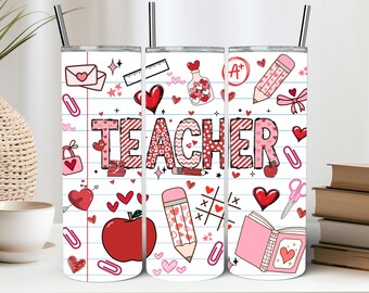 Vaso térmico de San Valentín para profesores, diseño PNG de sublimación, corazones dibujados a mano, 591 ml, recto y delgado, regalo para profesores en el Día de San Valentín.