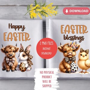 May include: Two digital illustrations for Easter. The first features a Highland cow and a bunny rabbit holding an Easter egg. The text reads "Happy Easter". The second illustration features a Highland cow with a flower crown and a chick. The text reads "Easter Blessings".