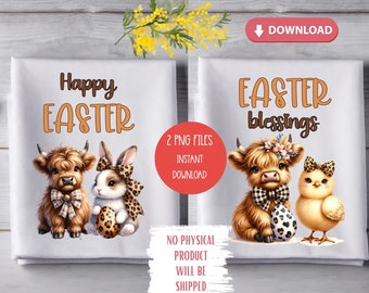 Happy Easter Kitchen Towel PNG Tea Towel Sublimation Design Easter Blessings PNG Leopard Bunny Chick Highland Cow Dish Towels Chef Gift