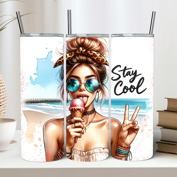 Summer Tumbler Wrap Sublimation PNG 20 Oz Straight Skinny Tumbler Stay Cool Girl Ice Cream PNG Trendy Tumbler Beach Girl Ice Cream Lover PNG