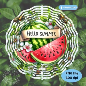 May include: A white metal wind spinner with a layered design featuring watermelon slices and blossoms. The watermelon slices have red flesh and black seeds. The text "Hello Summer" is written on a banner.