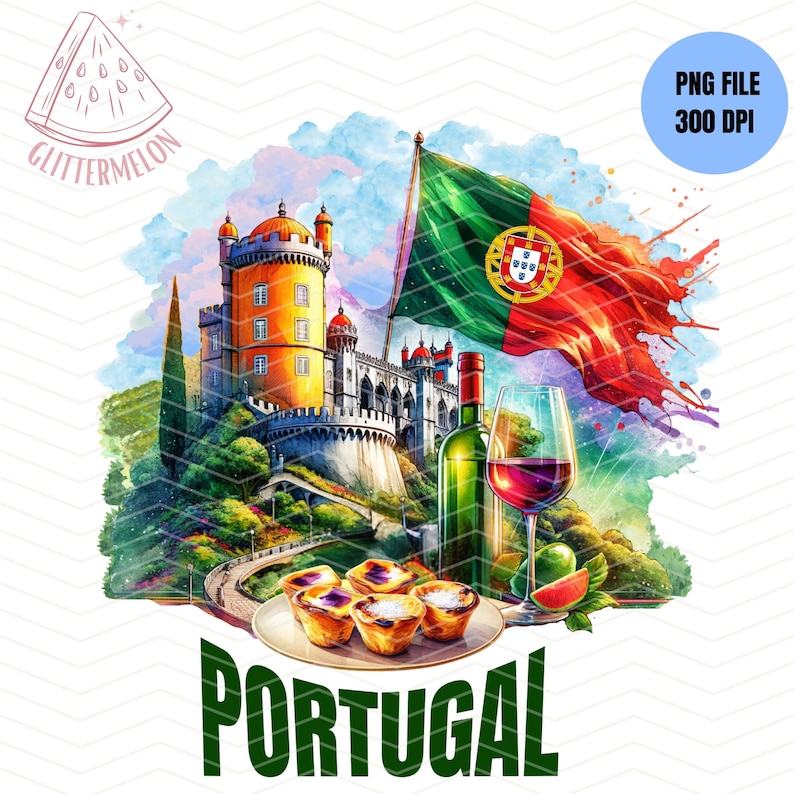 Puede incluir: Una ilustraci&oacute;n de acuarela de un castillo portugu&eacute;s, una bandera, vino y pasteles. El castillo es de color amarillo y naranja con un techo verde. La bandera es roja y verde con un escudo de armas en el centro. El vino es rojo y est&aacute; en una copa. Los pasteles son amarillos y tienen una corteza escamosa. El texto "PORTUGAL" est&aacute; escrito en letras verdes en la parte inferior de la imagen.