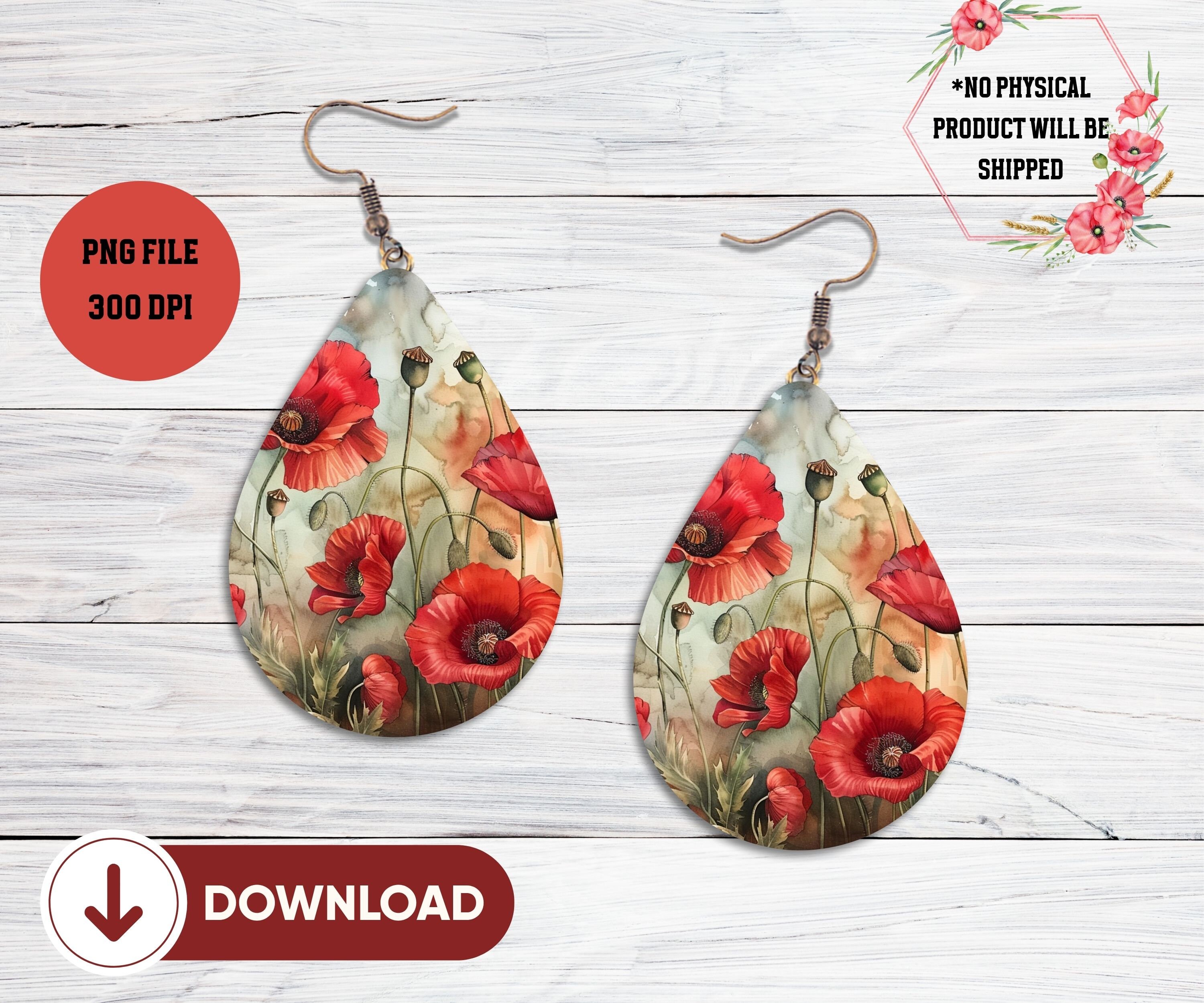 Poppy Teardrop Earrings PNG Sublimation Earrings Teardrop Template Watercolor Wildflowers Poppy Art Printable Poppy Floral Earrings PNG