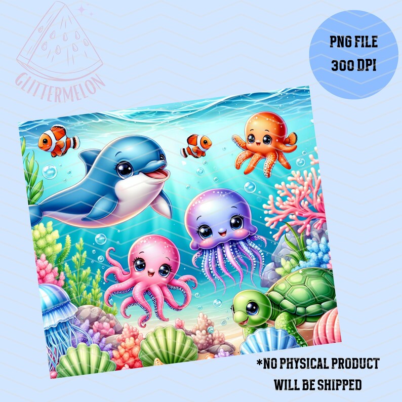 May include: A digital illustration of a colourful underwater scene with a dolphin, jellyfish, octopus, turtle, and clownfish. The background is a blue ocean with bubbles and coral.