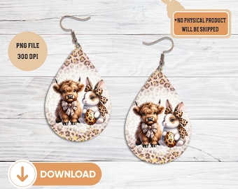 Easter Highland Cow And Easter Bunny Leopard Print Teardrop Earrings PNG Sublimation Earring Designs Teardrop Template Easter Earrings PNG