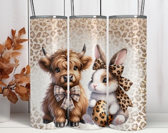 Easter Bunny And Highland Cow Sublimation Tumbler PNG Design 20 Oz Straight Skinny Tumbler Wrap Leopard Easter Eggs Sublimation Design