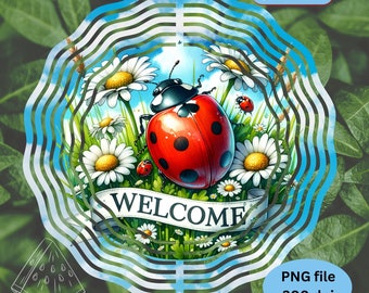 Ladybug Welcome Wind Spinner Sublimation Design PNG Spring Summer Garden Welcome Wind Spinner Digital Download Daisy Wind Spinner PNG File