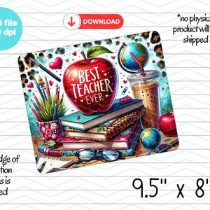 May include: A digital illustration of a red apple with the words "Best Teacher Ever" on it. The apple is surrounded by school supplies, including books, pencils, a globe, and a cup of coffee. The background is a leopard print pattern.