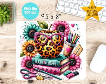Teach Love Inspire Mouse Pad Sublimation Design PNG Best Teacher Ever Mouse Pad Template Digital Leopard Sunflowers Teacher's Day Gift PNG